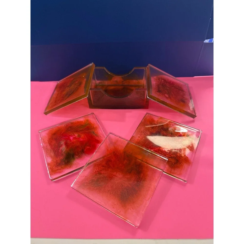 Handmade Resin Coaster Set with Holder Red Orange Alcohol Ink Abstract 6 Piece
